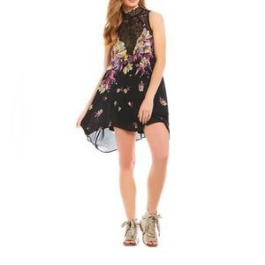 NWT Free People Marsha Printed Lace Neck Onyx Combo Black High Neck Floral Dress